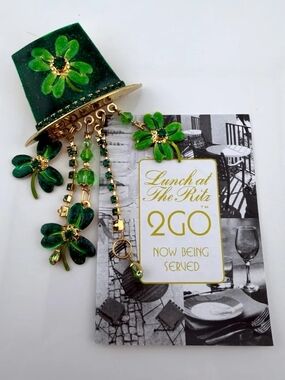 Lunch At The Ritz 2GO Green Top Hat Shamrock Clover Brooch Pendant St Patrick's